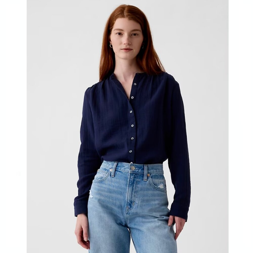 GAP Long Sleeve Crinkle Gauze Button Down Shirt Navy Blue NWT